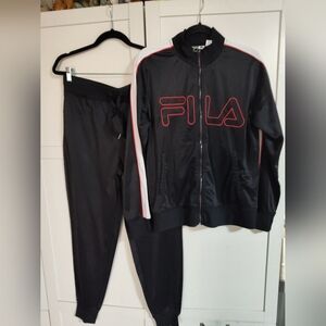 FILA Satin-ish vtg Track Suit – Jacket & Joggers Set – Black/Red/White Sz Lg EUC